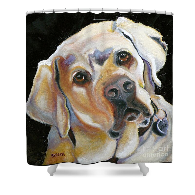 Yellow Lab Paintings Shower Curtain featuring the painting Kissably Close Lab by Susan A Becker