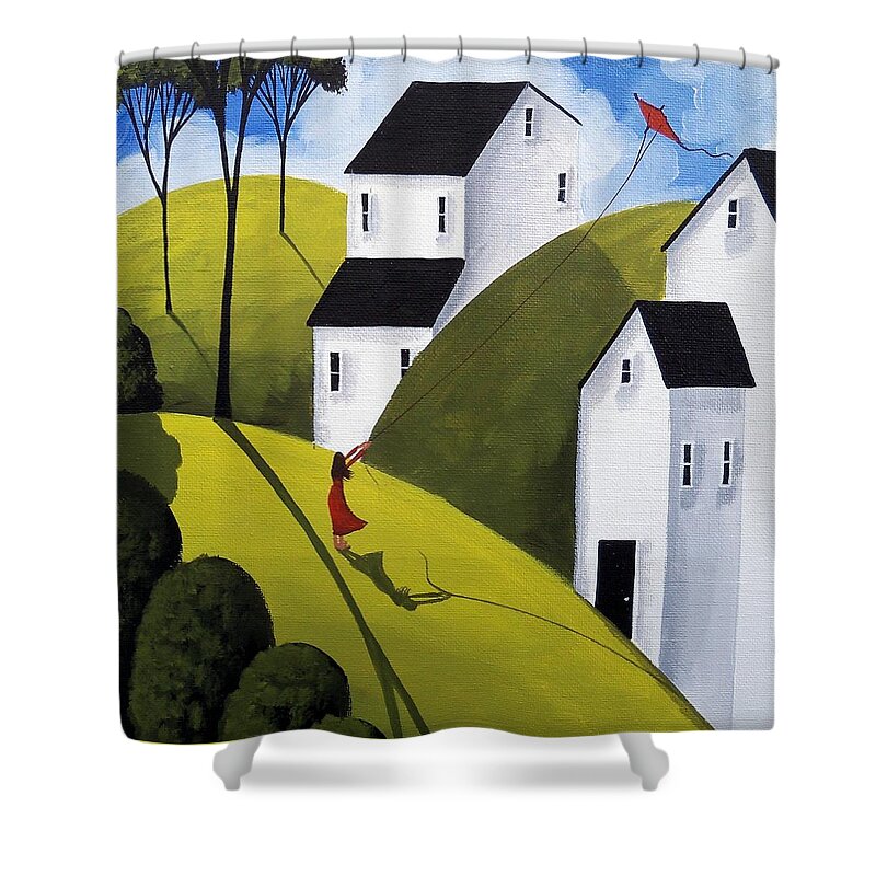 Art Shower Curtain featuring the painting Kite Day - folk art landscape by Debbie Criswell