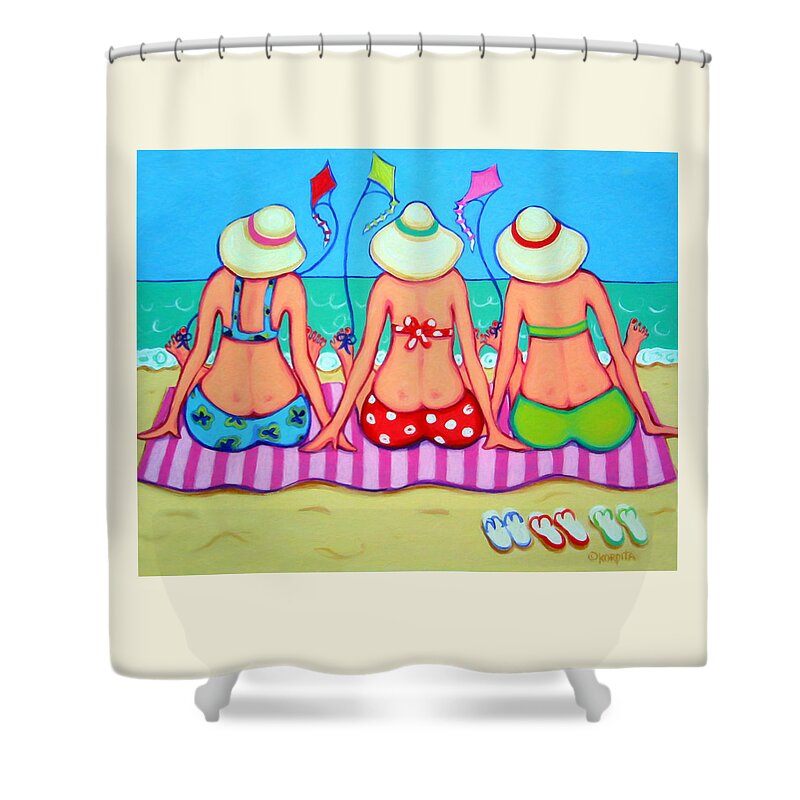 Whimsical Beach Shower Curtain featuring the painting Kite Flying 101 - Girlfriends on Beach by Rebecca Korpita