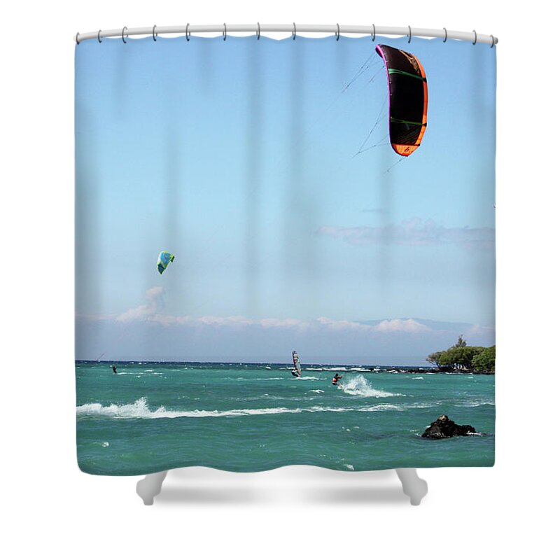 kite Surfers Shower Curtain featuring the photograph Kite Surfers and Maui by Karen Nicholson