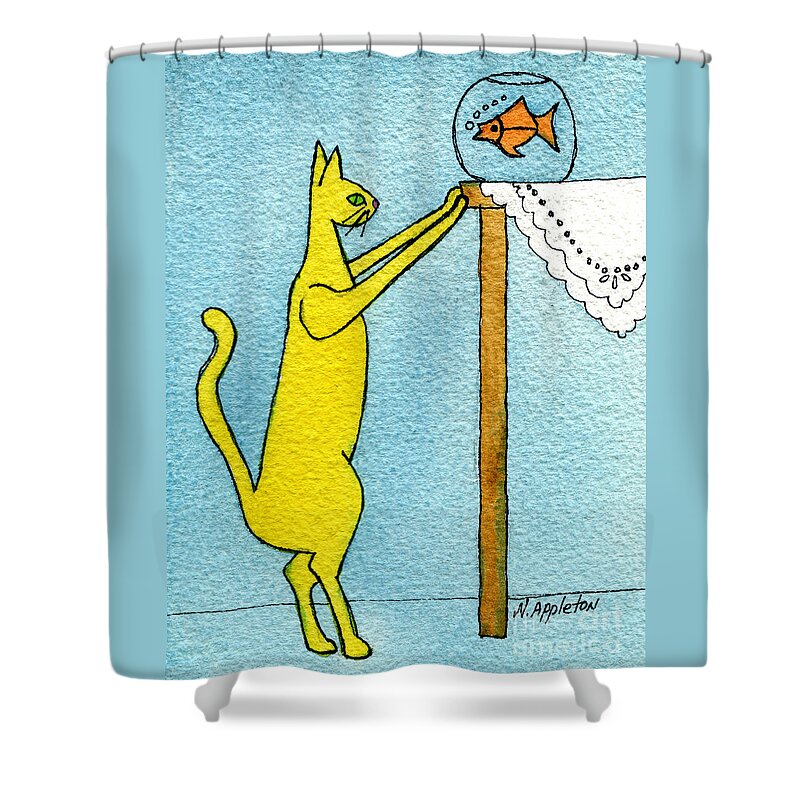 Kitty Shower Curtain featuring the painting Kitty and the Fish by Norma Appleton