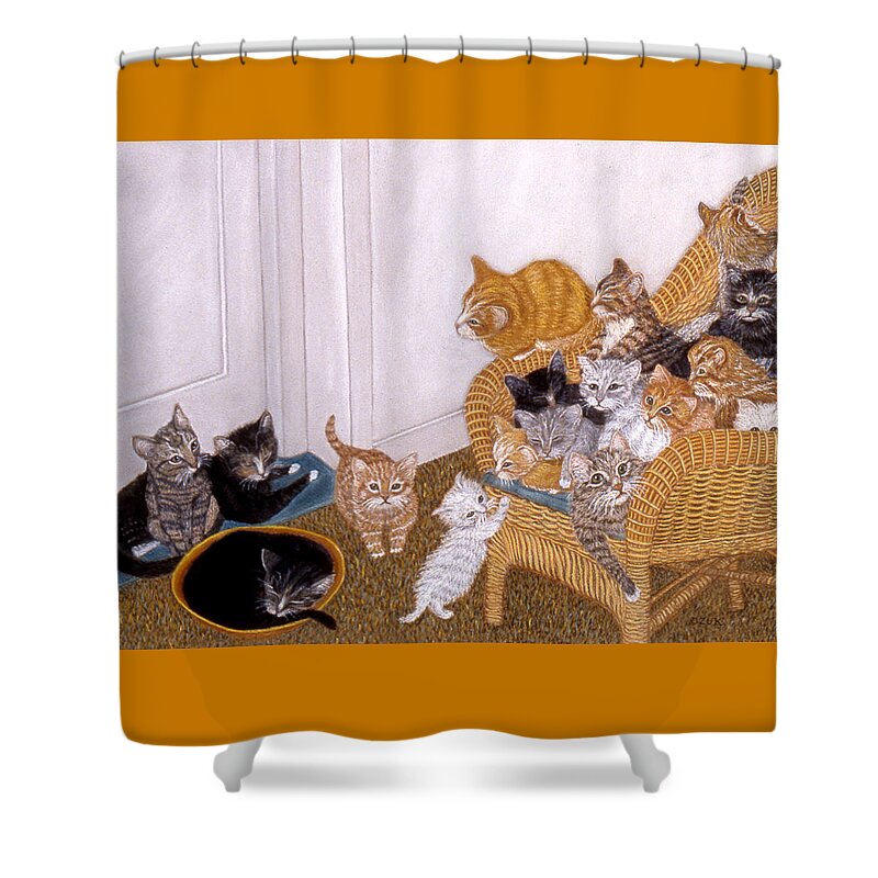 Karen Zuk Rosenblatt Art And Photography Shower Curtain featuring the painting Kitty Litter II by Karen Zuk Rosenblatt