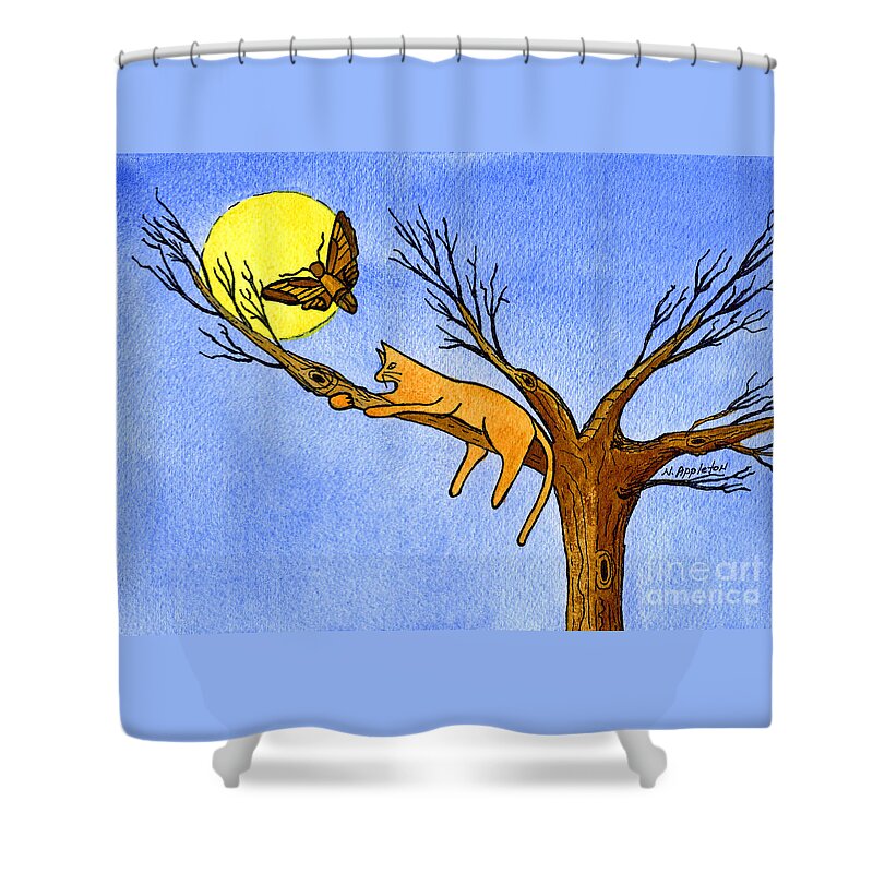 Cat Shower Curtain featuring the painting Kitty Moth and Moonlight by Norma Appleton