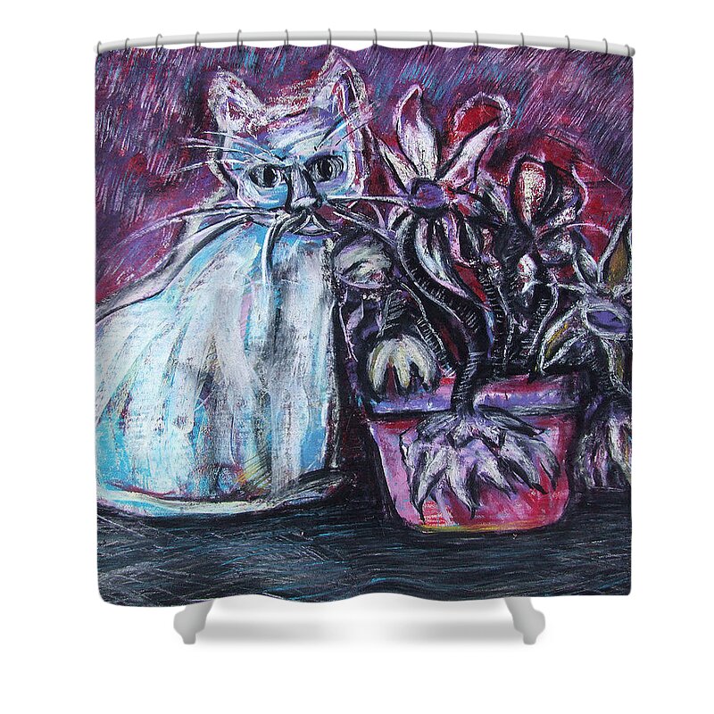 Original Art Pastel Chalk Drawing White Kitty Cat Flowers Shower Curtain featuring the pastel Kitty with Flowers by Katt Yanda