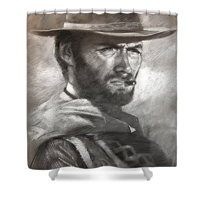 Portrait Shower Curtain featuring the drawing Klint Eastwood by Ylli Haruni