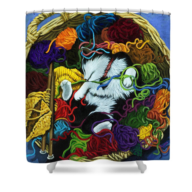 Knitting Shower Curtain featuring the painting Knitter's Helper - cat painting by Linda Apple