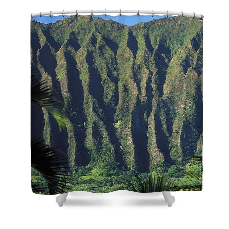 Blue Shower Curtain featuring the photograph KoOlau Mountains by Peter French - Printscapes