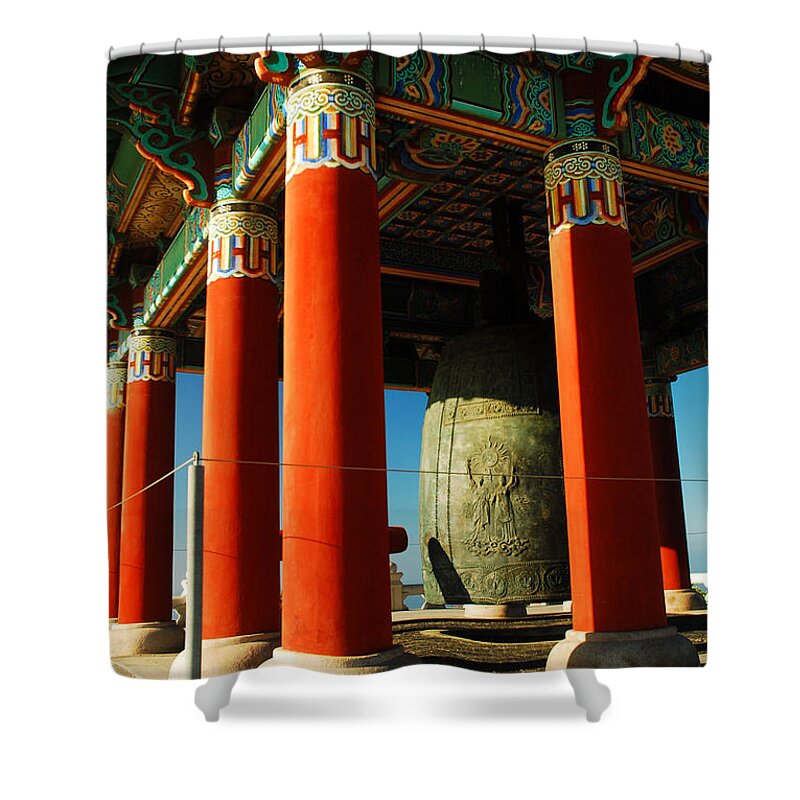 San Pedro Peace Bell Shower Curtain featuring the photograph Korean Peace Bell San Pedro by James Kirkikis