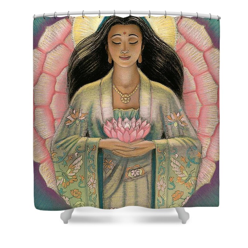 Kuan Yin Shower Curtain featuring the painting Kuan Yin Pink Lotus Heart by Sue Halstenberg