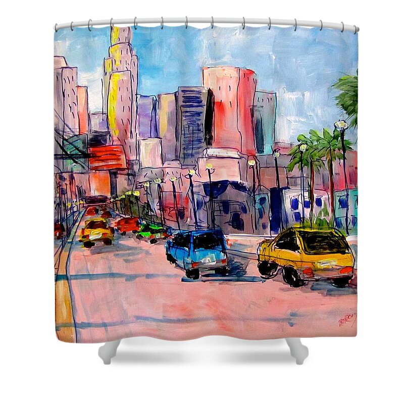 City Shower Curtain featuring the painting L A 1st St Bridge by Barbara O'Toole