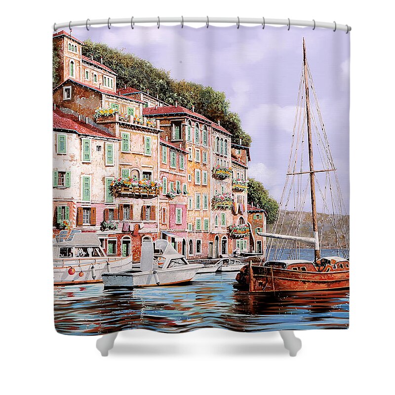 Landscape Shower Curtain featuring the painting la barca rossa a Portofino by Guido Borelli