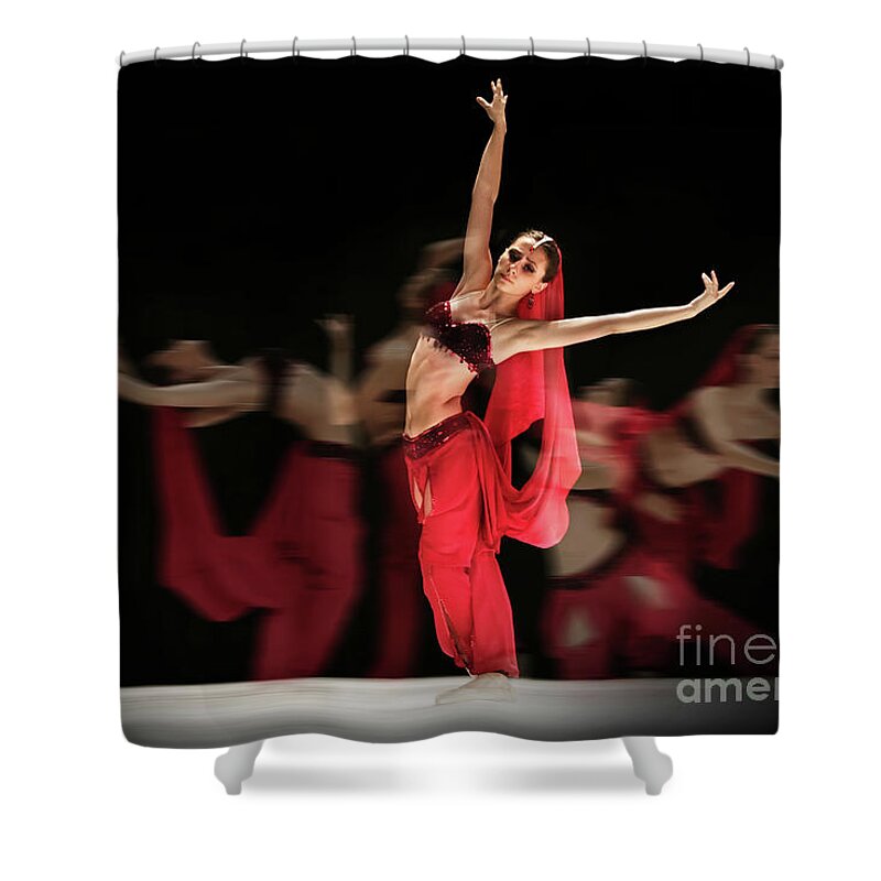 Ballet Shower Curtain featuring the photograph La Bayadere Ballerina in red tutu ballet by Dimitar Hristov