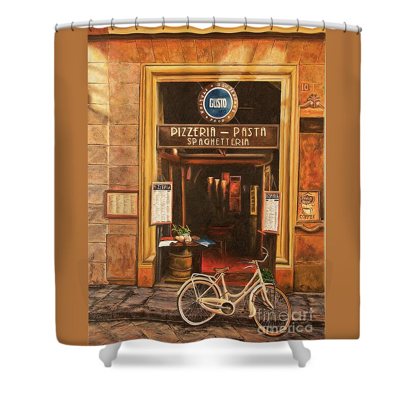 Italian Cafe Painting Shower Curtain featuring the painting La Bicicletta by Charlotte Blanchard