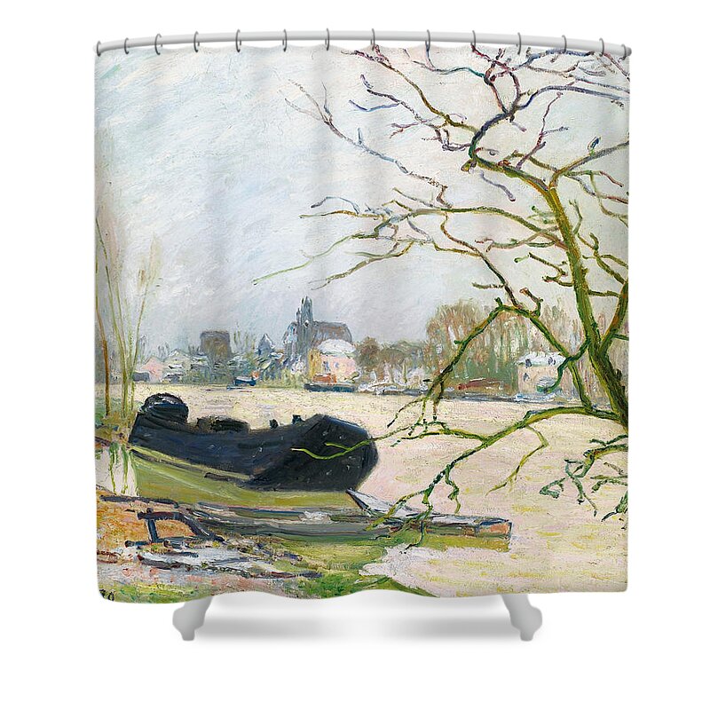 Alfred Sisley Shower Curtain featuring the painting La Crue du Loing a Moret by Alfred Sisley