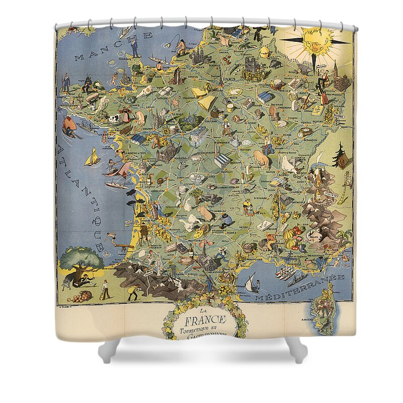 France Map Shower Curtain featuring the mixed media La France Touristique et Gastronomique - Pictorial Illustrated Map of France -Cartography by Studio Grafiikka