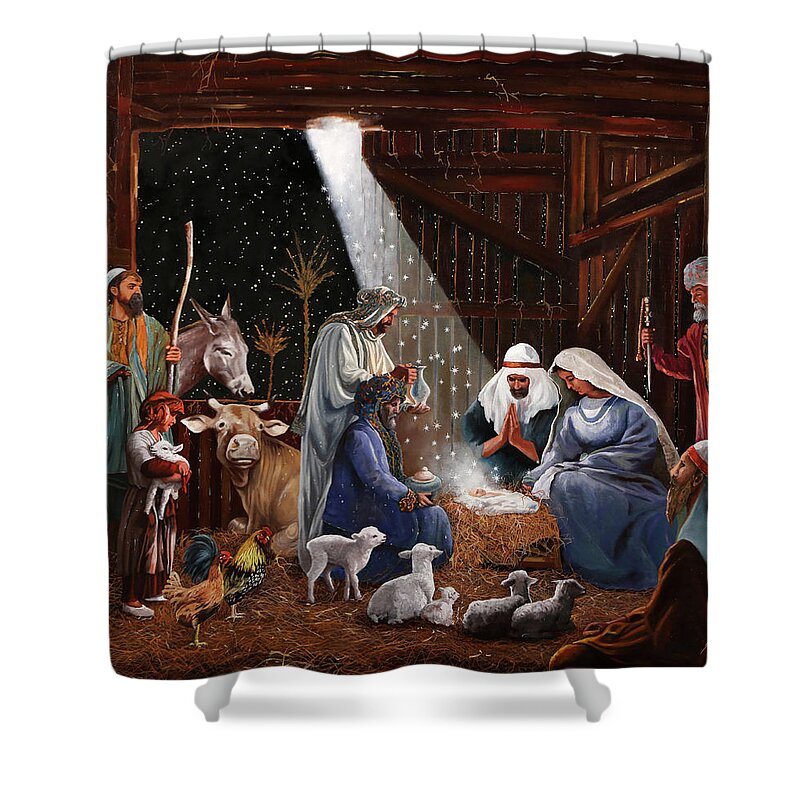 Nativity Shower Curtain featuring the painting La Nativita' by Guido Borelli