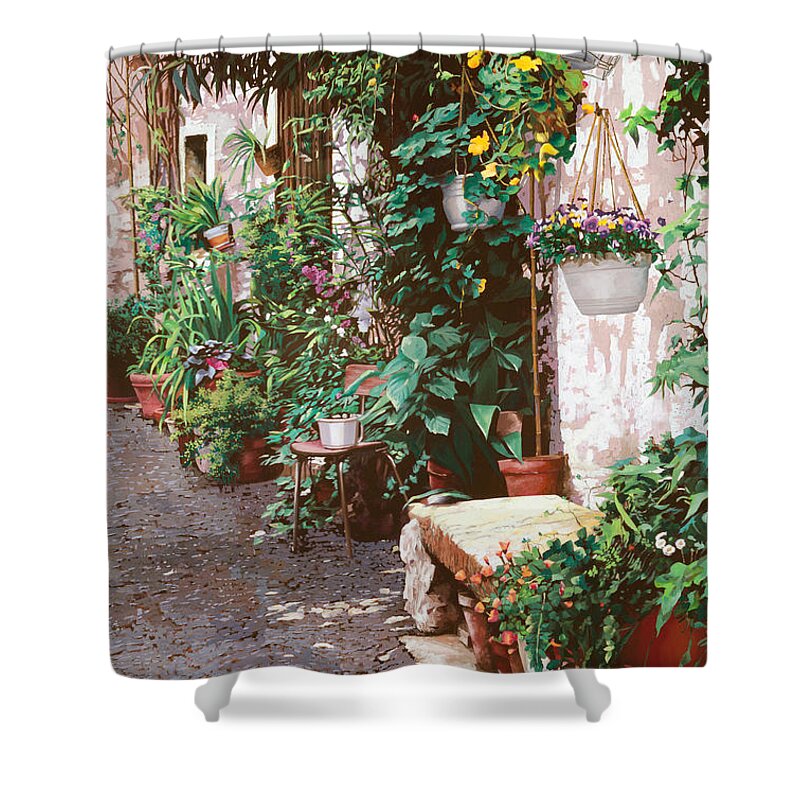 Street Scenes Shower Curtain featuring the painting La Panca Di Pietra by Guido Borelli