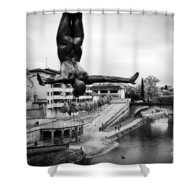 France Shower Curtain featuring the photograph La plongueuse over the Midouze river by RicardMN Photography