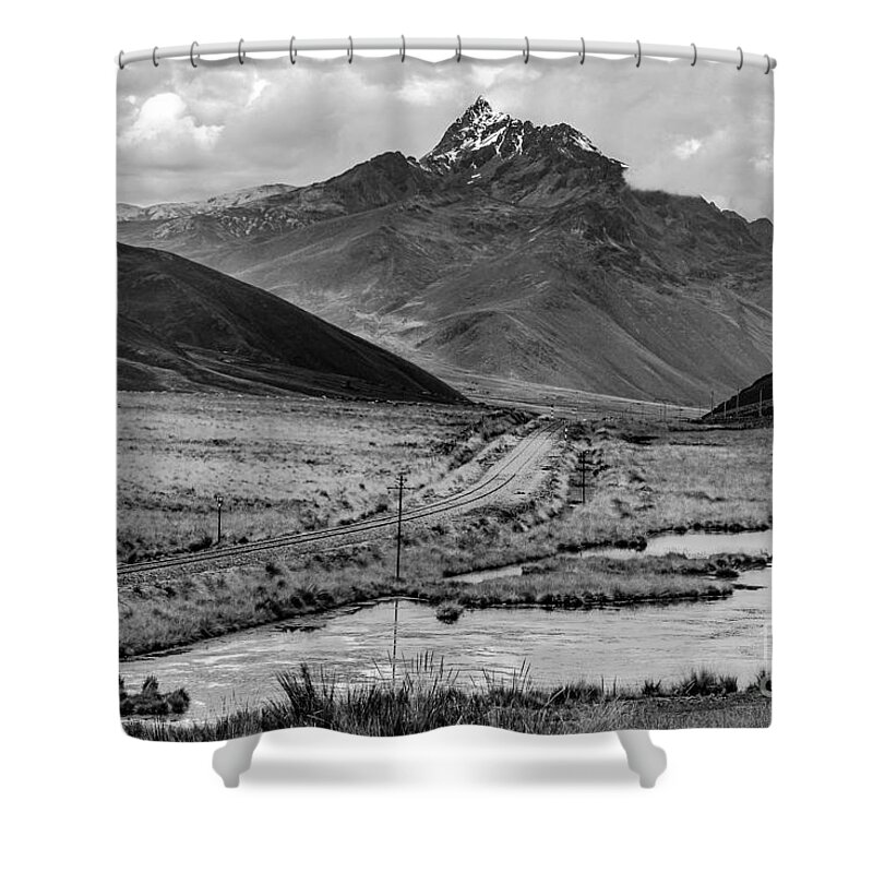 Bw Shower Curtain featuring the pyrography La Raya Mountains by David Meznarich