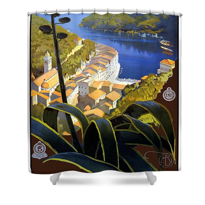 Italy Shower Curtain featuring the painting La Riviera Italienne - Beautiful Italian Landscape by a lake and mountains - Vintage Travel Poster by Studio Grafiikka