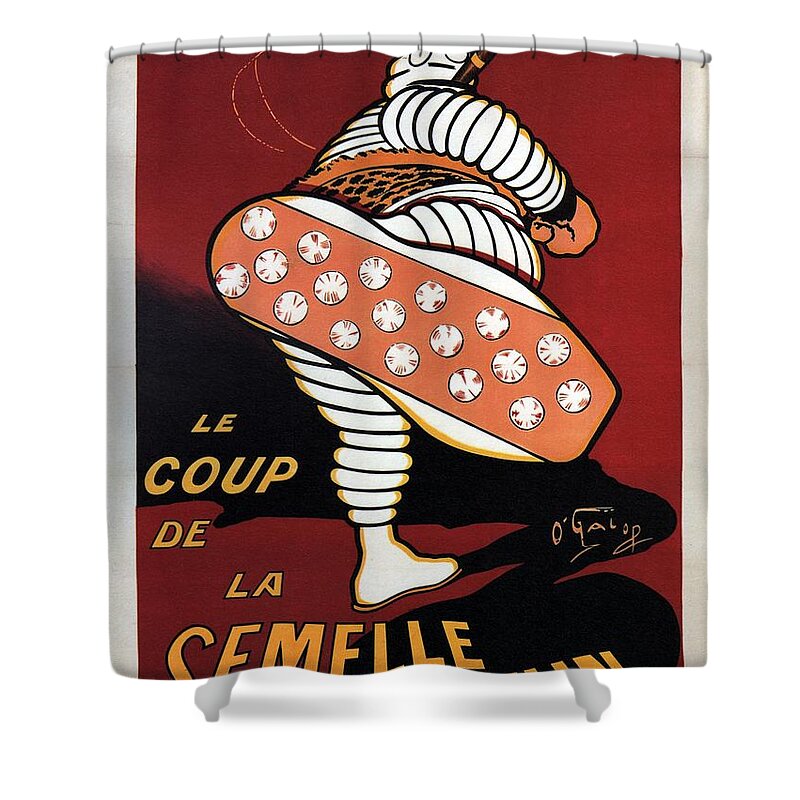 La Semelle Michelin Shower Curtain featuring the mixed media La Semelle Michelin - Michelin Man - Bibendum - Vintage Advertising Poster by Studio Grafiikka