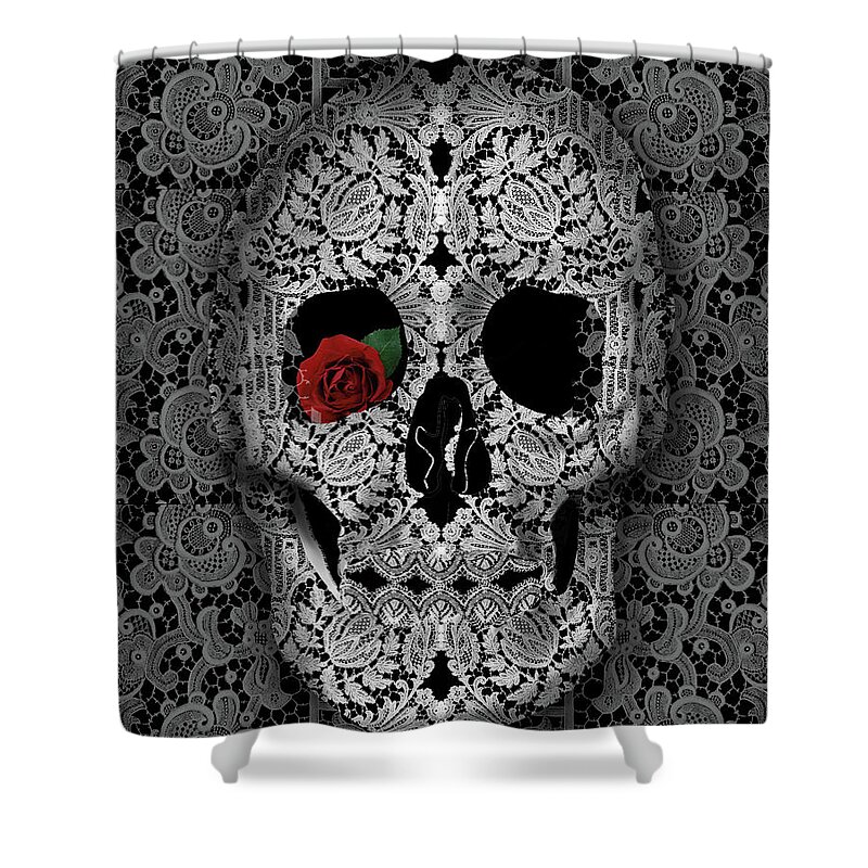 Skull Shower Curtain featuring the painting Lace Skull Black by Bekim M