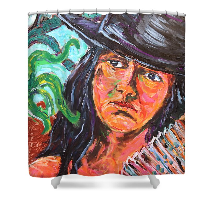 Portrait Shower Curtain featuring the painting Lady in black hat by Madeleine Shulman