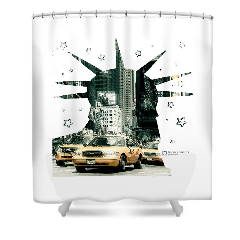 Graphical Shower Curtain featuring the photograph Lady Liberty And The Yellow Cabs by Hannes Cmarits