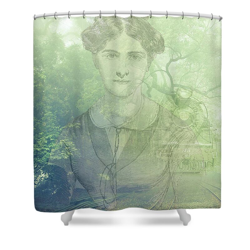Ghostly Shower Curtain featuring the mixed media Lady On The Tracks by Digital Art Cafe