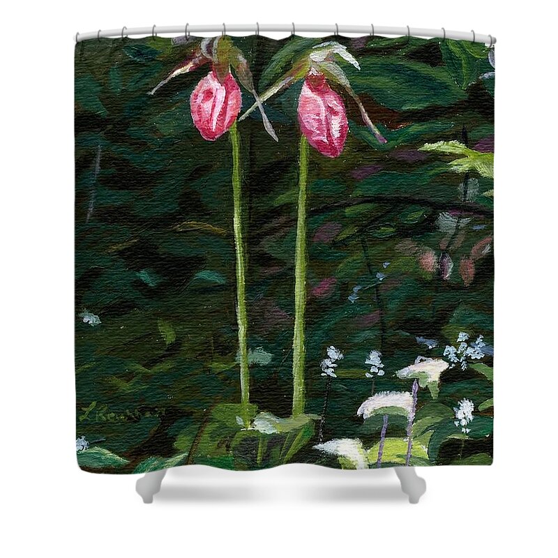 Lady Slipper Shower Curtain featuring the painting Lady Slipper by Lynne Reichhart