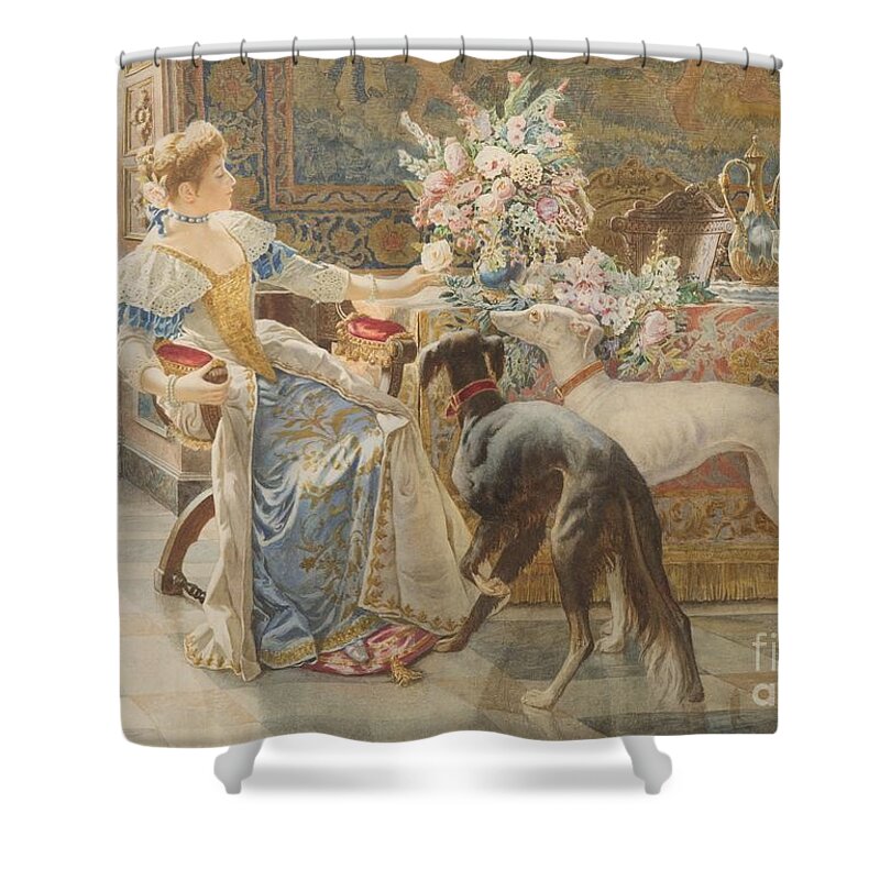 Gioja Shower Curtain featuring the painting Lady with Two Dogs by MotionAge Designs