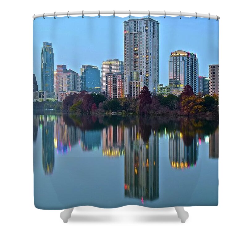 Austin Shower Curtain featuring the photograph Ladybird Reflection 2016 by Frozen in Time Fine Art Photography