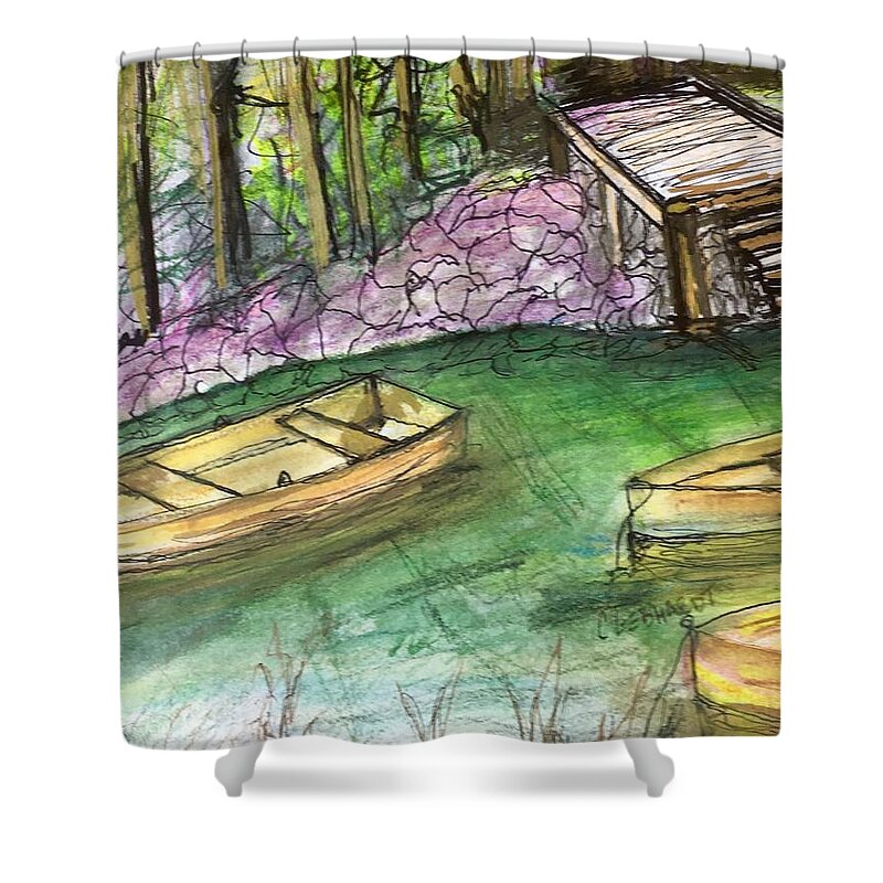 Waterscape Shower Curtain featuring the painting Lagoon parking only by Chuck Gebhardt