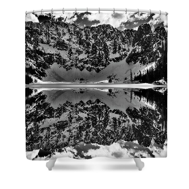 Reflection Shower Curtain featuring the digital art Lake 22 Winter Black and White Reflection by Pelo Blanco Photo