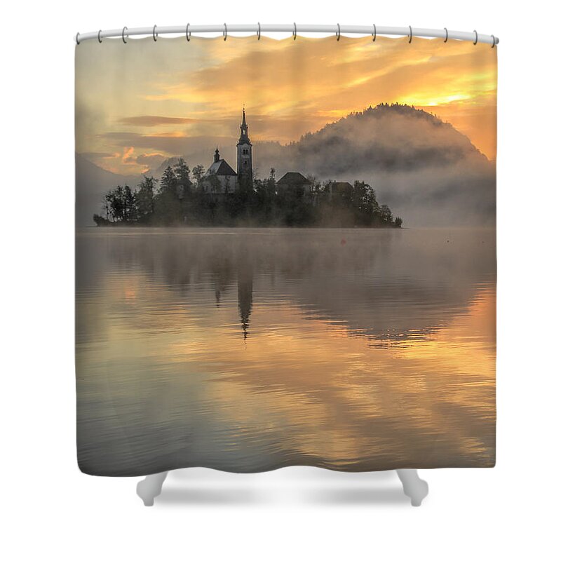 Slovenia Shower Curtain featuring the photograph Lake Bled Sunrise Slovenia by Tom and Pat Cory