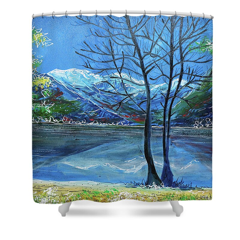 Lake Bohinj Shower Curtain featuring the painting Lake Bohinj by Laura Hol Art