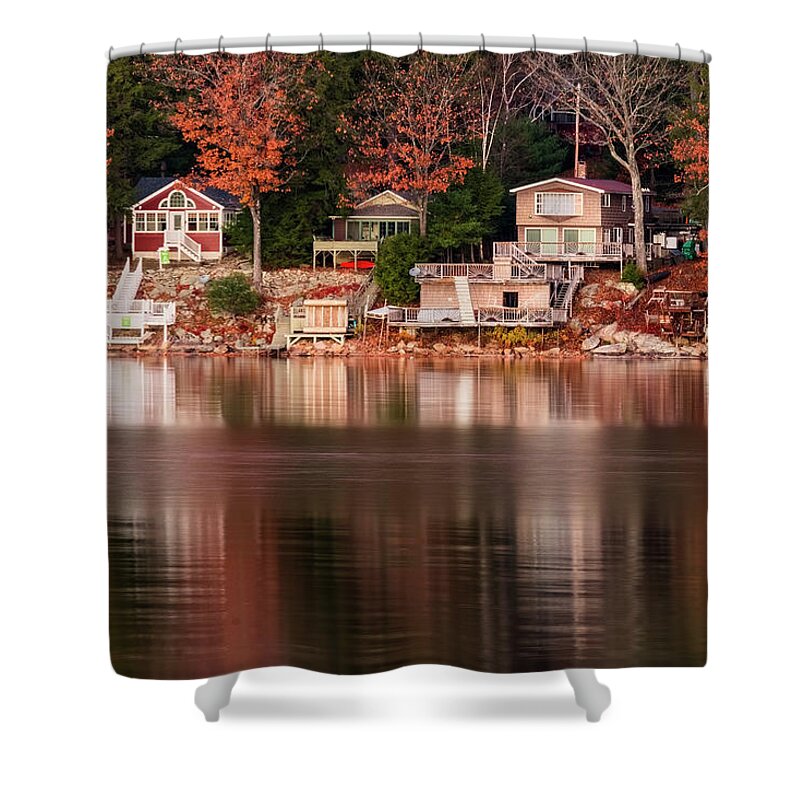 Spofford Lake New Hampshire Shower Curtain featuring the photograph Lake Cottages Reflections by Tom Singleton