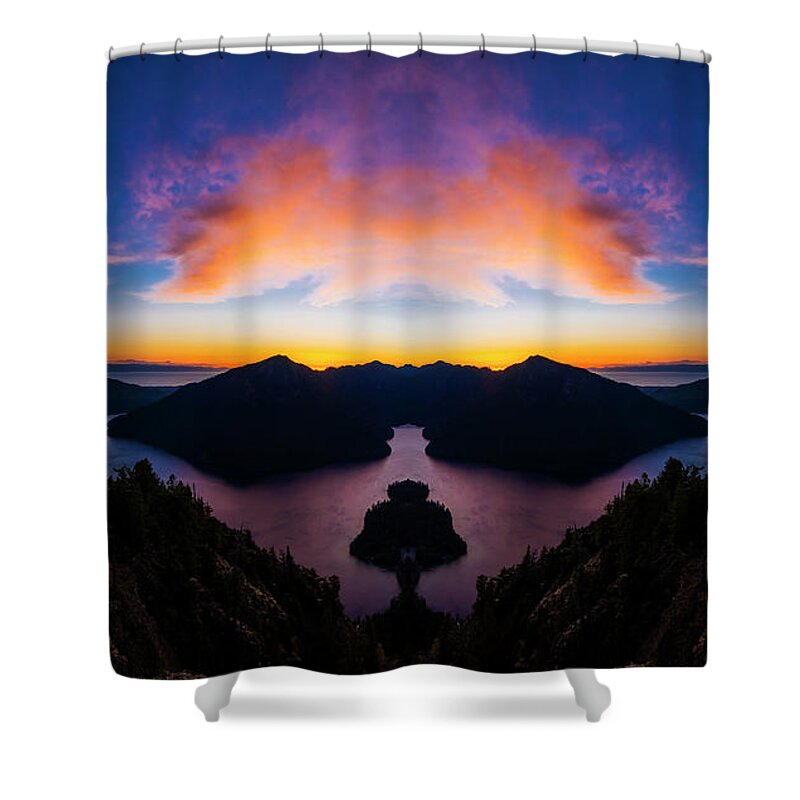 Washington State Shower Curtain featuring the digital art Lake Crescent Reflection by Pelo Blanco Photo