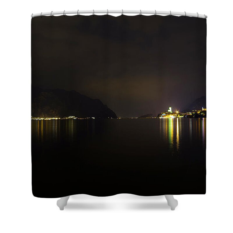 Night Shower Curtain featuring the photograph Lake front at night, malcesine, lake garda by Nicola Aristolao