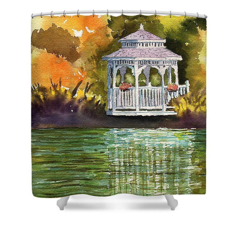 Tim Gordon Shower Curtain featuring the painting Lake Gazebo by Timithy L Gordon