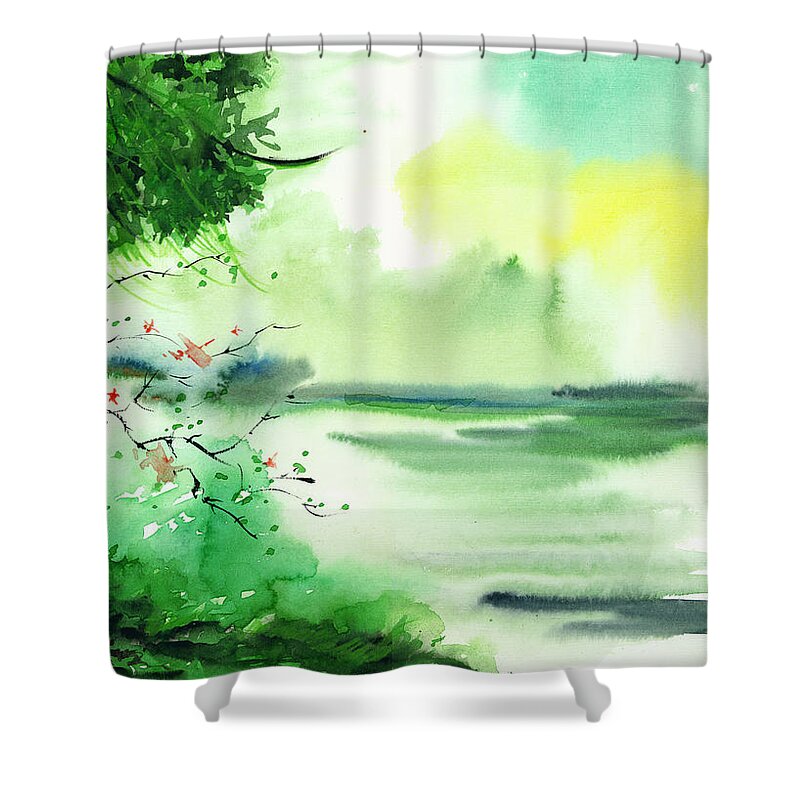 Water Shower Curtain featuring the painting Lake in clouds by Anil Nene