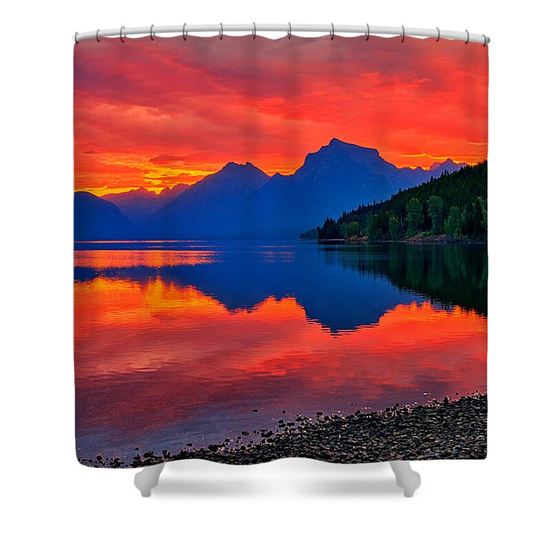 Glacier National Park Shower Curtain featuring the photograph Lake McDonald Fiery Sunrise by Greg Norrell