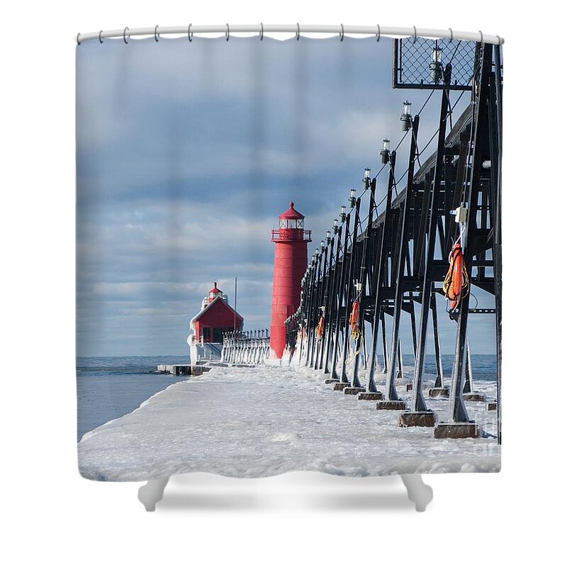 Lighthouse Shower Curtain featuring the photograph Lake Michigan Ice by Ann Horn