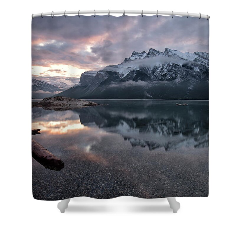 Lake Shower Curtain featuring the photograph Lake Minnewanka Dawn by Celine Pollard