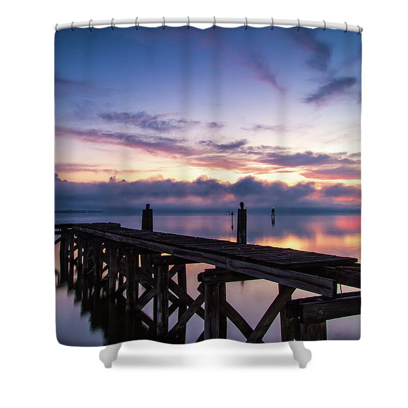 Florida Shower Curtain featuring the photograph Lake Monroe Dock at Sunrise by Stefan Mazzola