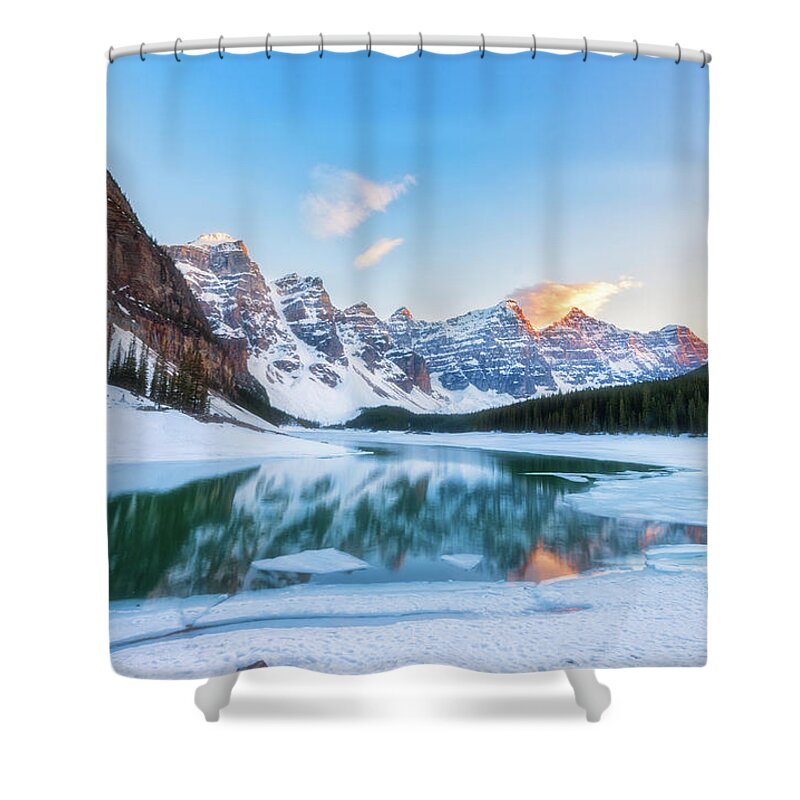 Sunset Shower Curtain featuring the photograph Lake Moraine Sunset by Russell Pugh