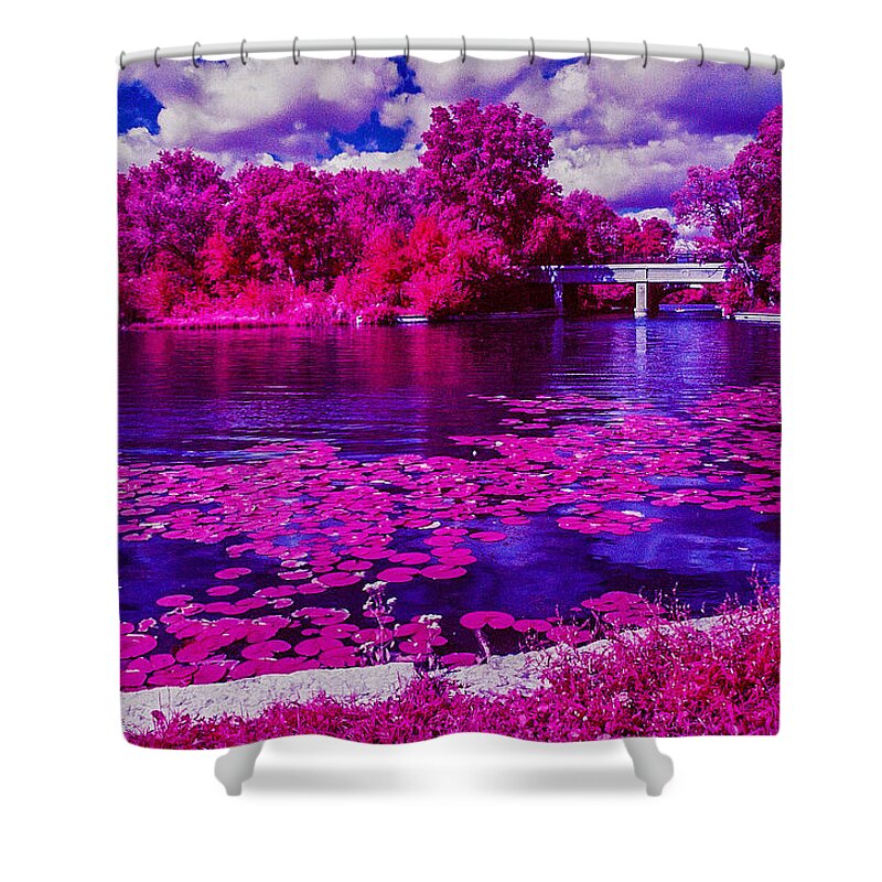 Lake Of The Isles Shower Curtain featuring the photograph Lake of the Isles in Infrared by Lonnie Paulson