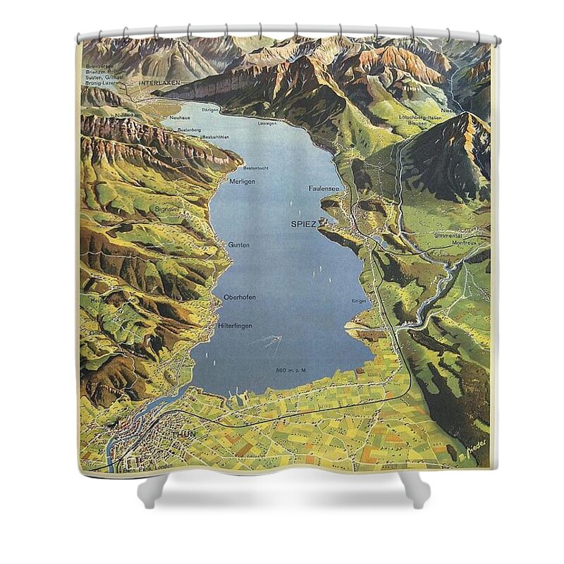 Lake Of Thun Shower Curtain featuring the painting Lake of Thun, Switzerland - Vintage Travel Poster - Landscape Illustration by Studio Grafiikka