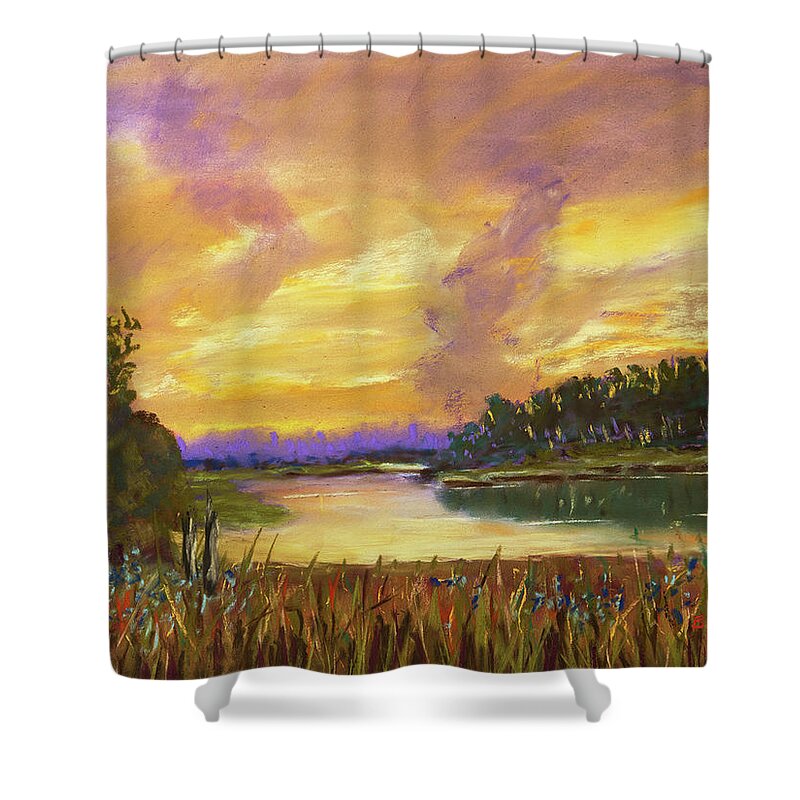 Sunset Shower Curtain featuring the painting Lake Sunset - Pastel Painting by Barry Jones