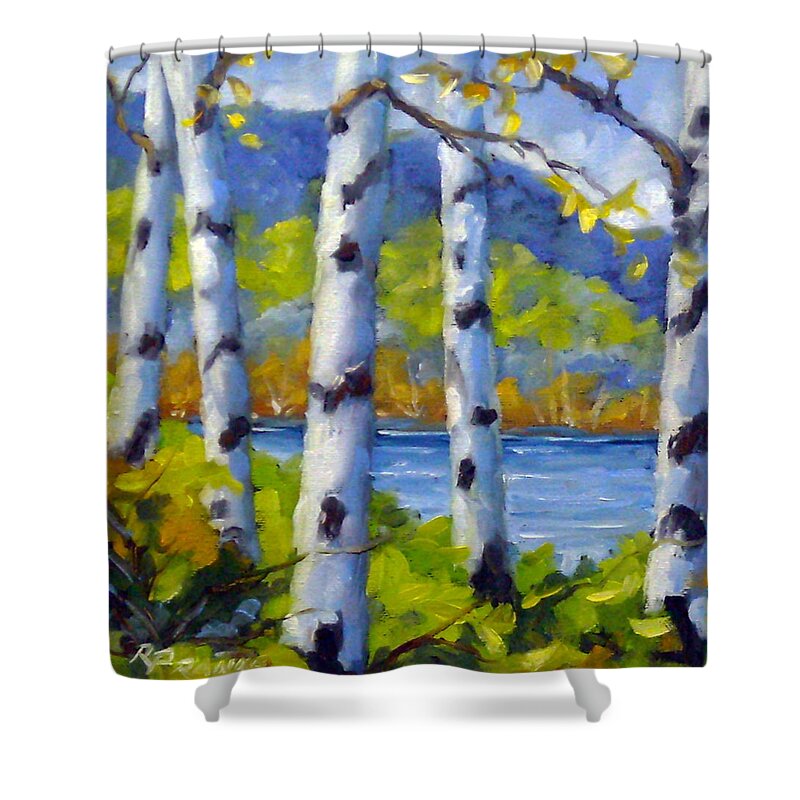 Original Painting;oil; Landscape; Birches; Trees; Nature; Richard T Pranke; Lake Shower Curtain featuring the painting Lake View by Richard T Pranke